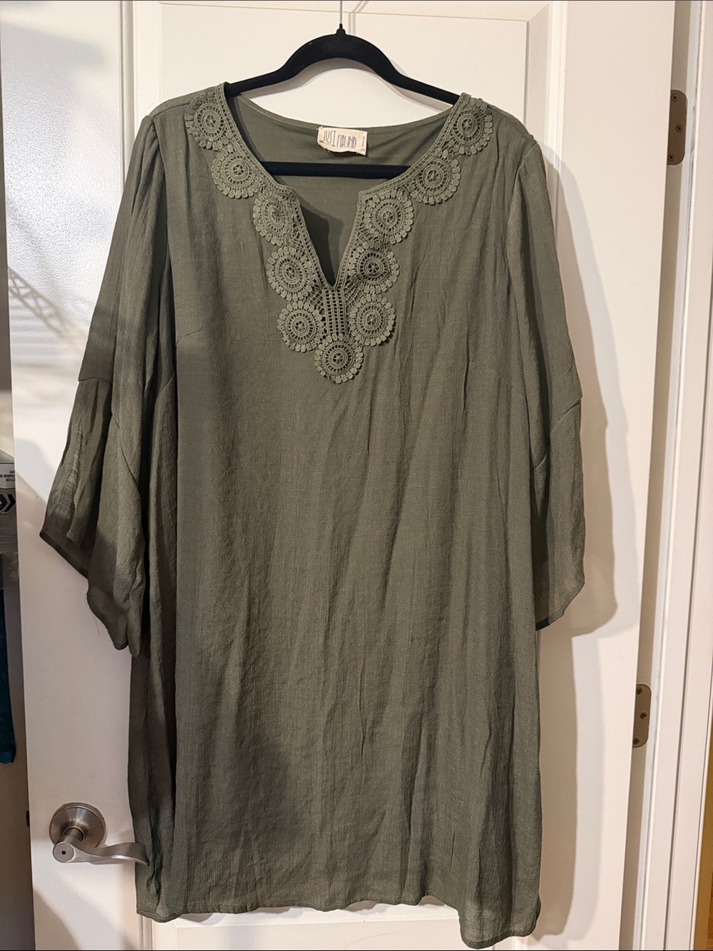 Relaxed Crochet-Trim Midi Dress in Olive